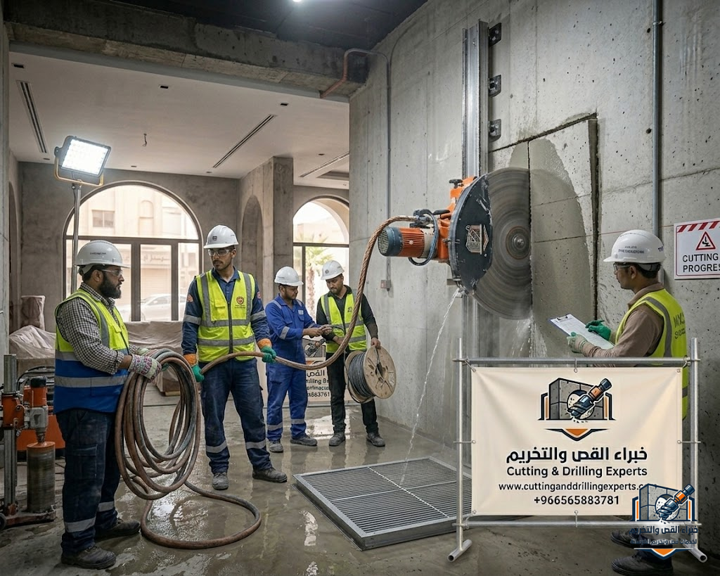 فتح أبواب ونوافذ جديدة في الخرسانة بجدة باستخدام أحدث مناشير الخرسانة والكور الماسي مع الحفاظ على سلامة المبنى ودقة عالية في التنفيذ